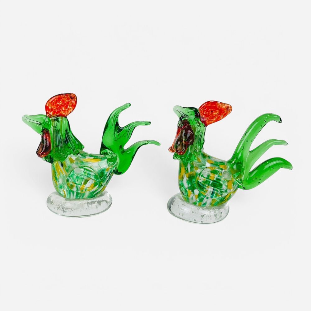 Vintage Hand Blown Confetti Glass Rooster 4.25in Tall Set Of 2 Green Yellow Red
